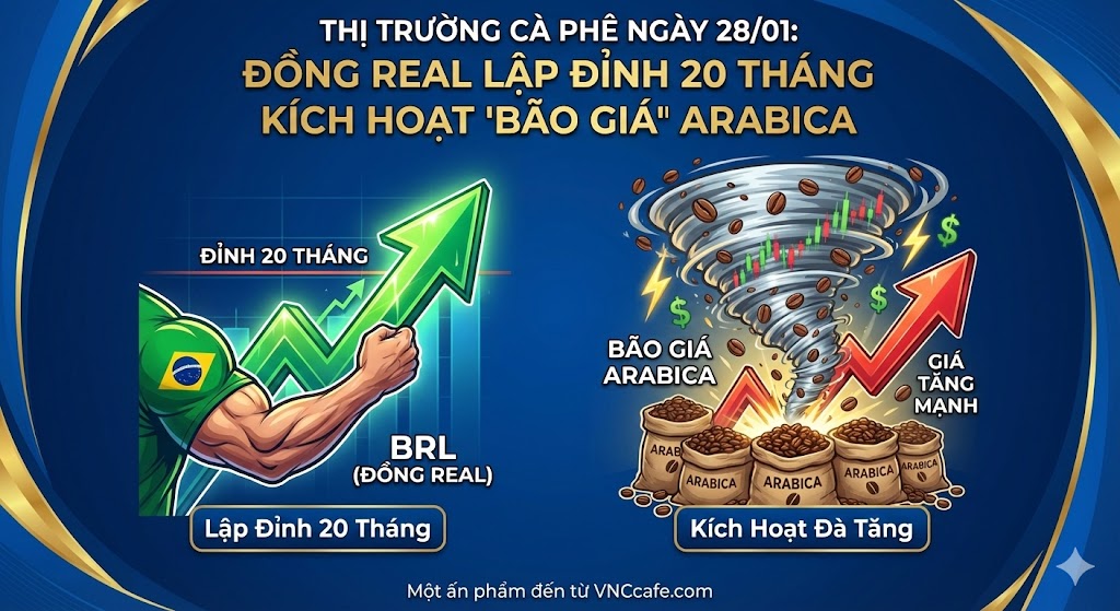 Thị trường cà phê ngày 28/01: Đồng real lập đỉnh 20 tháng kích hoạt 